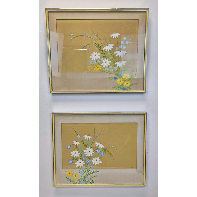 Original oil on paper painting. A 1970s vintage artwork of a bushel of flowers. A very delicate piece with bright summery...