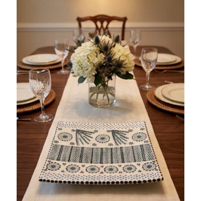 Sky Blue Vintage South African Hand-Painted Ceramic Square Platter – Geometric & Botanical Dot Art For Sale - Image 8 of 10