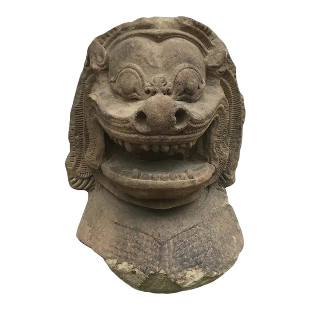 East Asian Guardian Sculpture : Khmer Lion Head, Ca.1200 Ad. For Sale