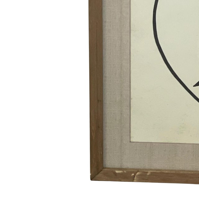 Wood 1970s Framed Modernist Abstract Line Drawing Face Portrait With Linen Mat For Sale - Image 7 of 10