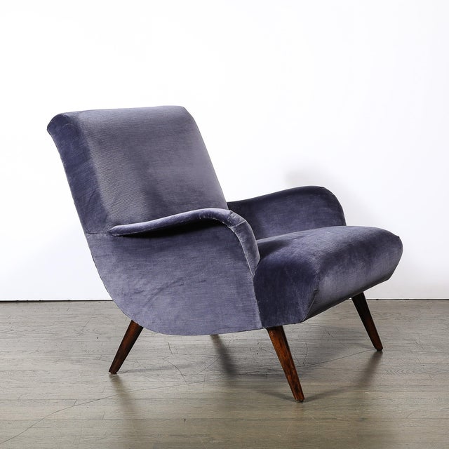 Mid-Century Lounge Chair & Ottoman in Aubergine Velvet & Tapered Walnut Supports For Sale - Image 12 of 17