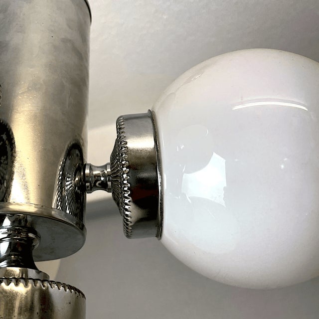 Metal Space Age Chandelier in Chromed Metal with 4 White Opaline Glass Globes, 1970s For Sale - Image 7 of 12