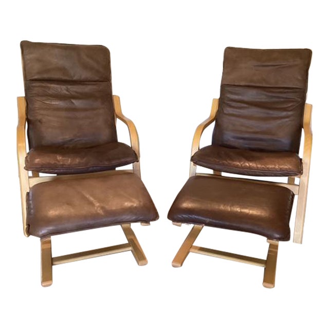 Mid 20th Century Danish Bentwood Armchairs and Ottomans by Stouby For Sale