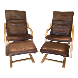 Mid 20th Century Danish Bentwood Armchairs and Ottomans by Stouby