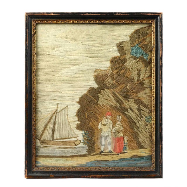 British Woolwork of a Family of Man, Wife and Child on the Seashore With Ship in Bay For Sale - Image 4 of 7