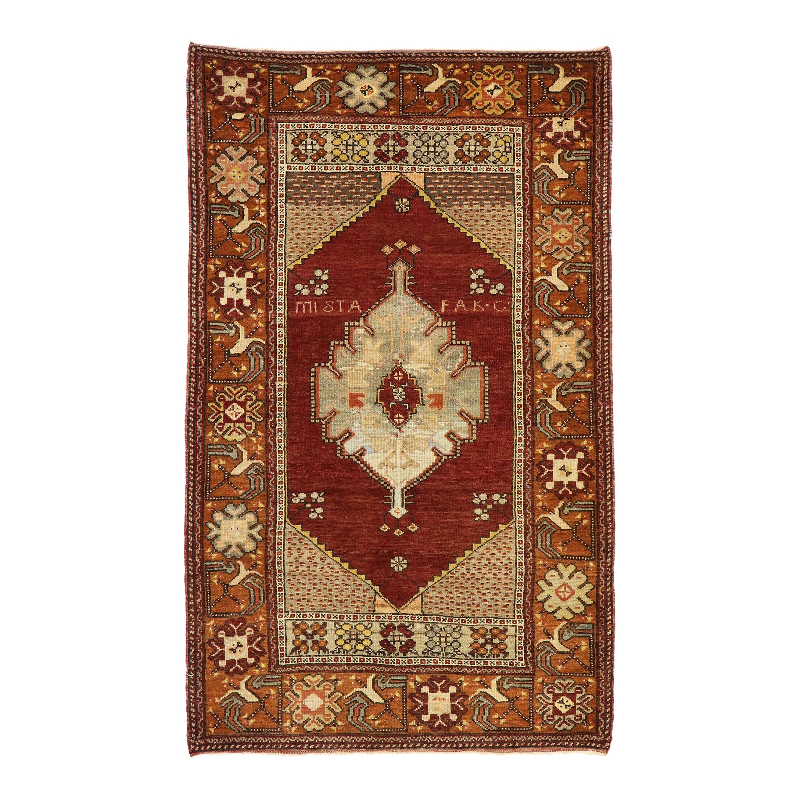 ROUND112cm\"Clockwork”ViNTAGE TURKiSH RUG 10x12.7 Ft Rare Size 1940s Turkish Rug. Fine Vintage
