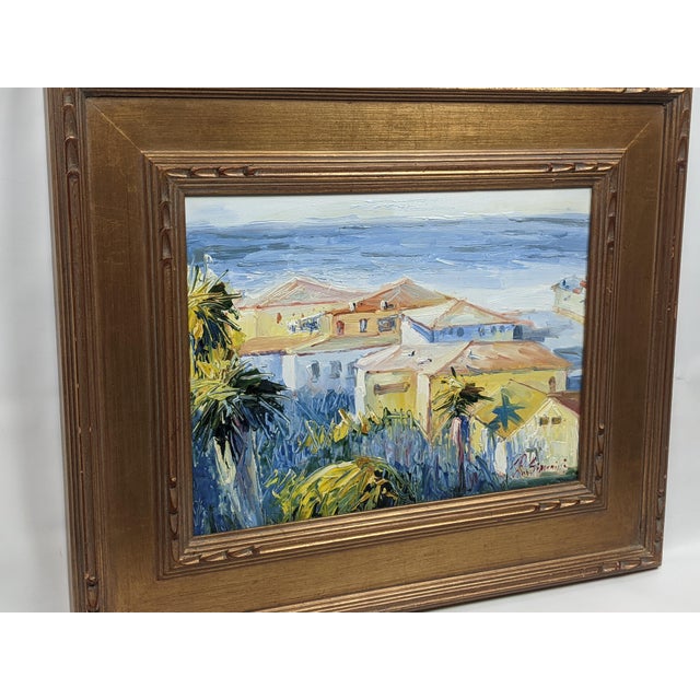 Late 20th Century Ray Simonini Mediterranean Village Oil Painting, Heavy Impasto, Blue & Gold For Sale - Image 15 of 18