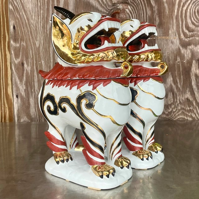 Italian Vintage Italian Gilt Tipped Lidded Porcelain Foo Dogs - a Pair For Sale - Image 3 of 7