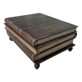 Maitland Smith Trompe l'Oeil Tooled Leather Stacked Book Coffee Table Drawers For Sale