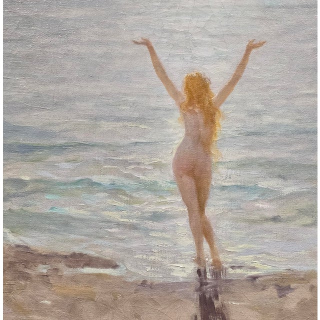 1920s Joseph Tomanek–Nude Nymph Greeting the Sea –1920s American Impressionist Oil Painting For Sale - Image 5 of 11