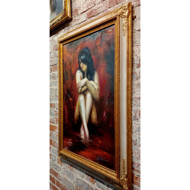 Textile Henry Asencio -Dark Hair Woman Seated Nude-Painting on Canvas For Sale - Image 7 of 9