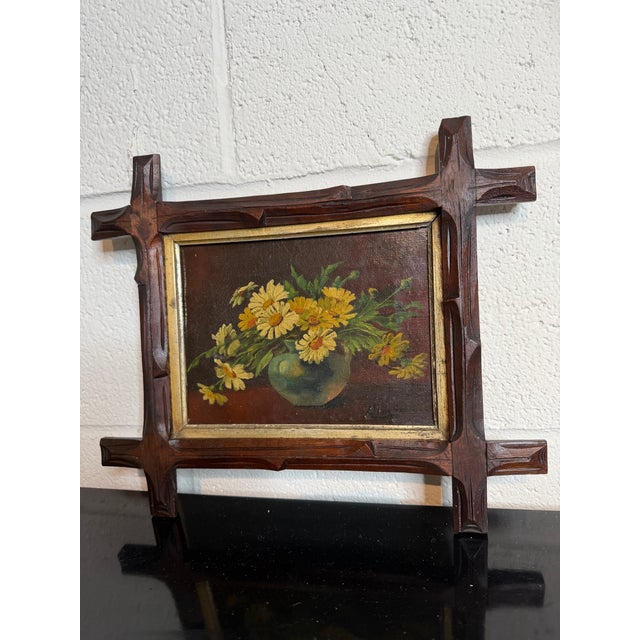 Small, yet excessively charming, antique Continental Signed oil on canvas of a blue vase of daisies paired with a hand...