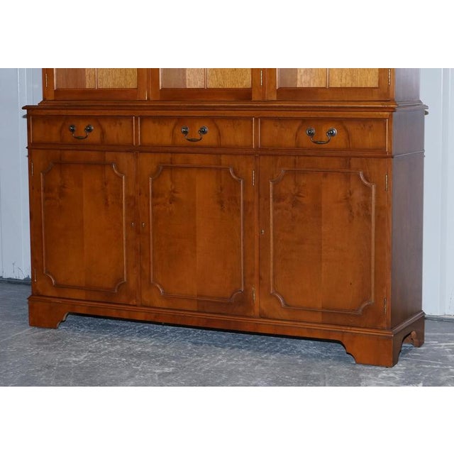 Vintage English Burr Yew Wood 3 Door Glazed Display Bookcase Cabinet For Sale - Image 3 of 18