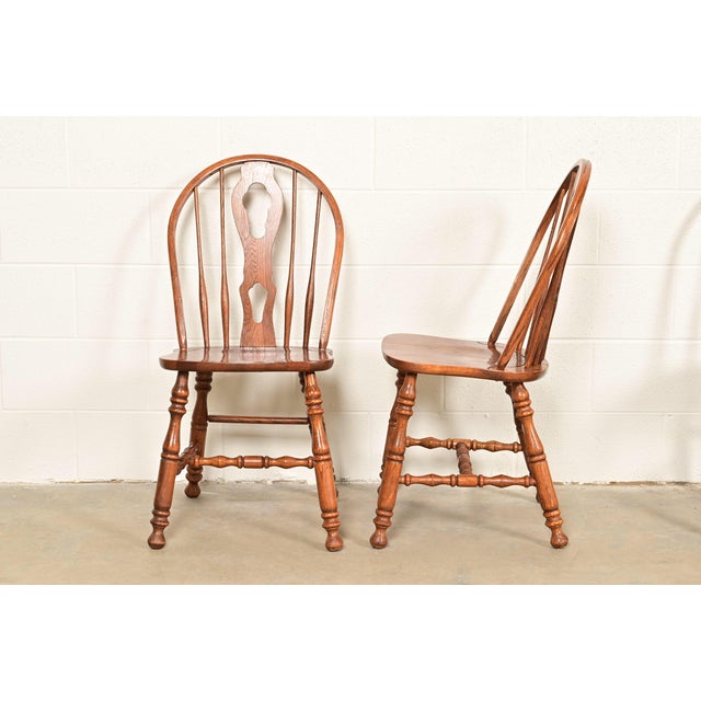 Wood Ethan Allen Style American Colonial Solid Oak Spindle Back Windsor Dining Chairs, Set of Six For Sale - Image 7 of 9