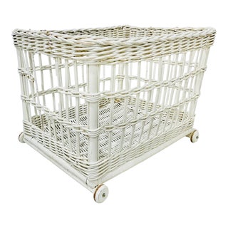 Vintage White Woven Wicker Storage Basket Cart For Sale