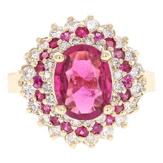 3.03 Carat Tourmaline Sapphire Diamond Yellow Gold Cluster Ring, Size 7 For Sale