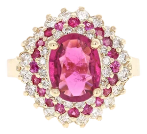 3.03 Carat Tourmaline Sapphire Diamond Yellow Gold Cluster Ring, Size 7