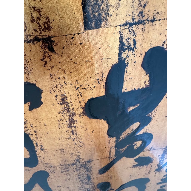 Wood Vintage 47” Chinese Calligraphy on Gold Leafed Wood Painting For Sale - Image 7 of 11