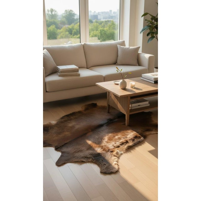Cowhide/calfskin. Maximum width 156 cm. Length 128 cm. In good condition, no tears. The hide remains supple.