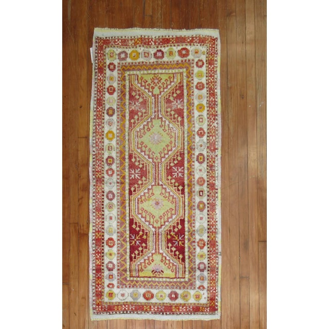 Mid 20th Century Bright Red Green Vintage Turkish Anatolian Throw Rug For Sale - Image 5 of 5