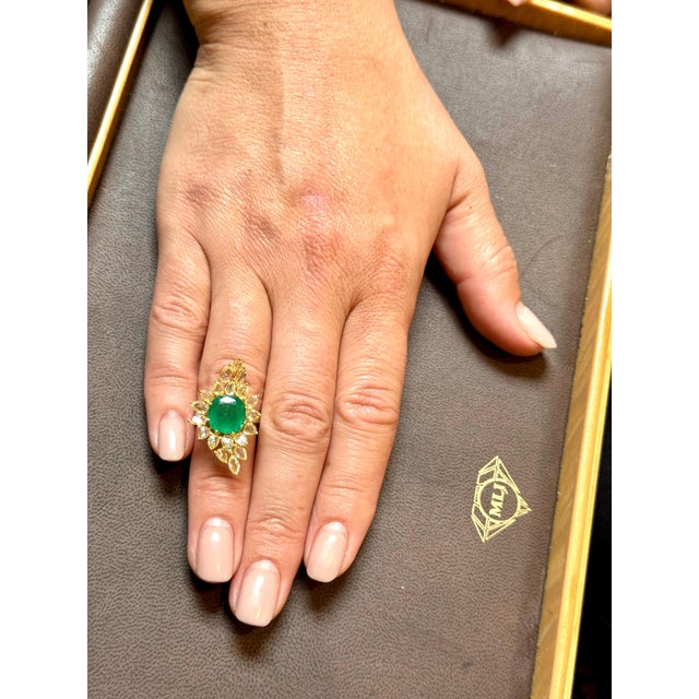 5.82 Ct Natural Colombian Cushion Cut Emerald & 3 Ct RoseCut Diamond Ring 18 Kt, Size 6 For Sale - Image 13 of 18
