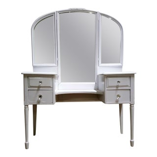 Antique White Dressing Vanity With Tri-Fold Mirror For Sale