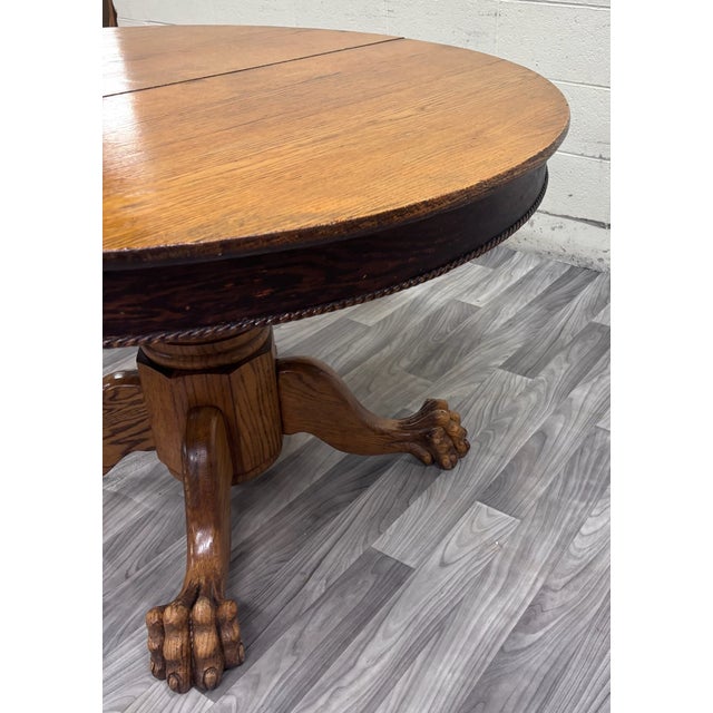 Antique Victorian 48 Inch Round Tiger Oak Claw Foot Pedestal Dining Table For Sale - Image 11 of 15