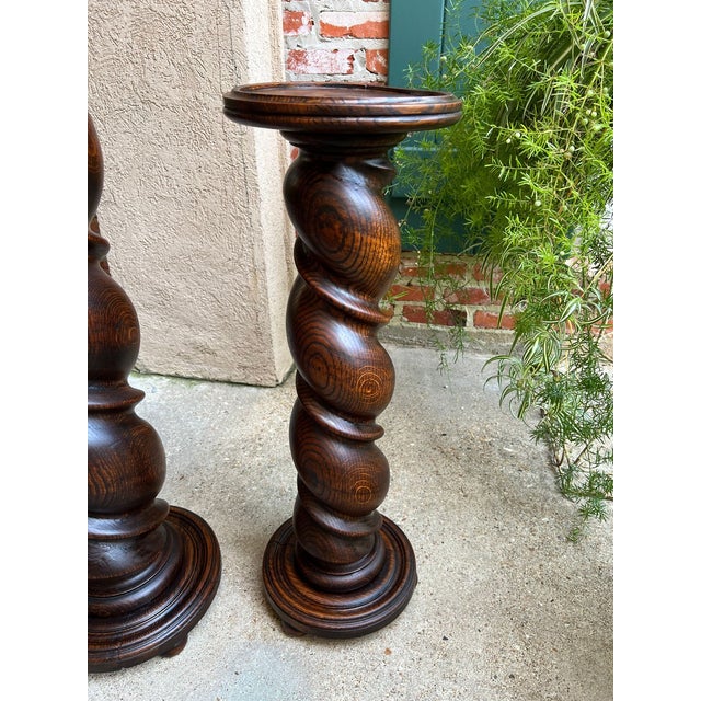 Pair Set of 2 Antique French Pedestal Stand Barley Twist Oak Large Plant Columns For Sale - Image 9 of 18