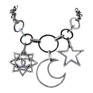 Chanel Silver CC Large Star Moon Pastel Crystal Chain Necklace For Sale