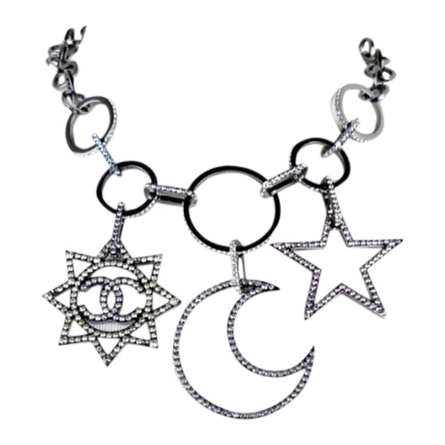 Chanel Silver CC Large Star Moon Pastel Crystal Chain Necklace For Sale