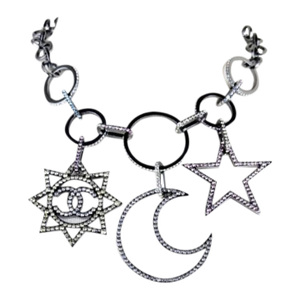 Chanel Silver CC Large Star Moon Pastel Crystal Chain Necklace
