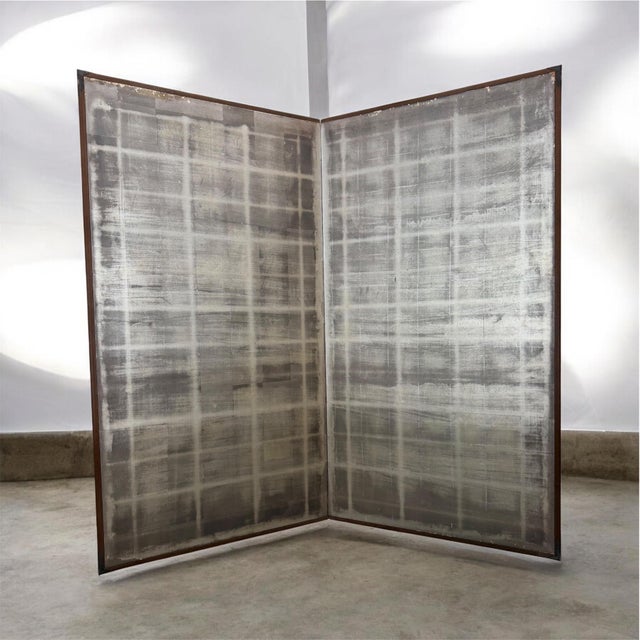 Meiji Japanese Folding Screen Byobu 2 Panel Antique Late 19th Century Silver Leaf Framed For Sale - Image 12 of 18