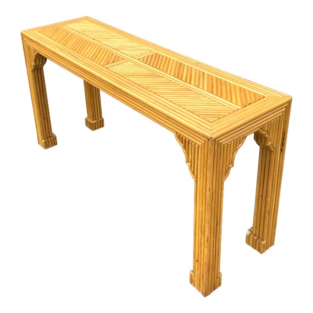 Late 20th Century Vintage Coastal Pretzel Rattan Chevron Ming Console Table For Sale