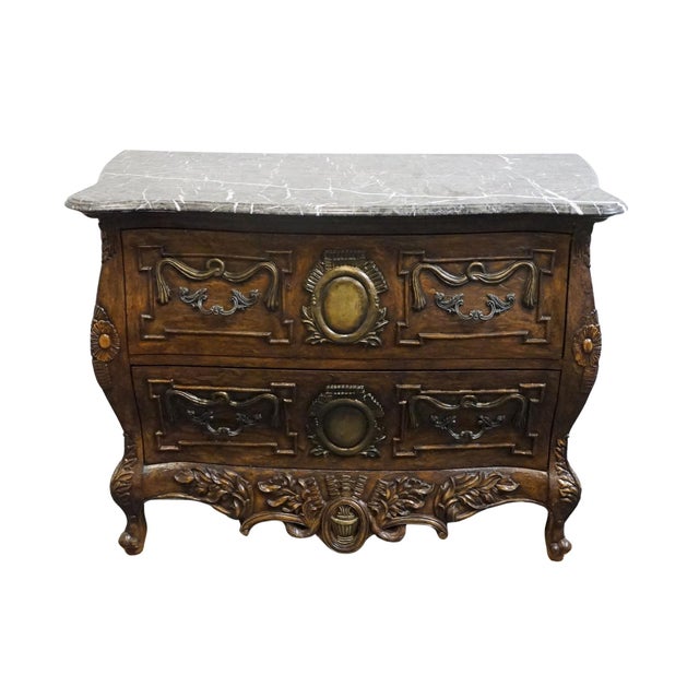 French Provincial Collezione Europa Walnut French Provincial Louis XV Rococo Style 46" Two Drawer Bombe Chest W. Granite Top For Sale - Image 3 of 12