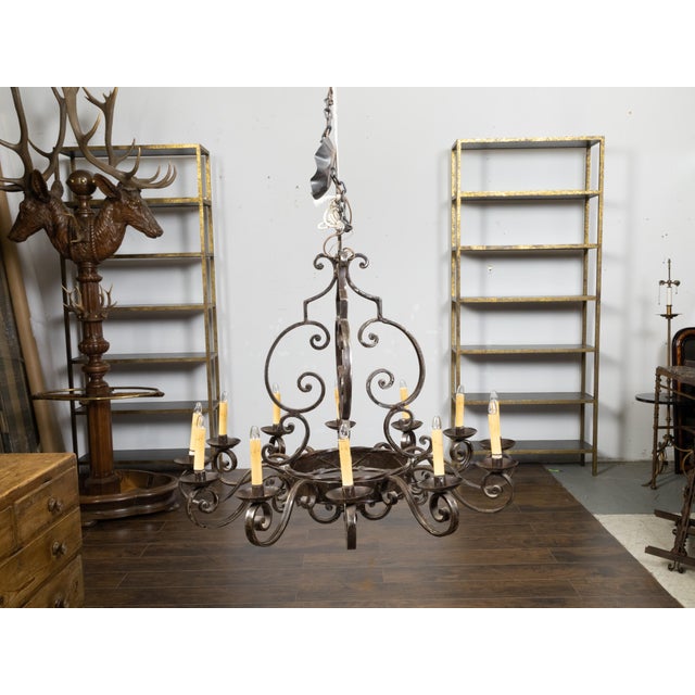 Gray Mid 20th Century Mid Century Modern French Steel 12-Light Chandelier with Scrolls and Dark Patina For Sale - Image 8 of 12