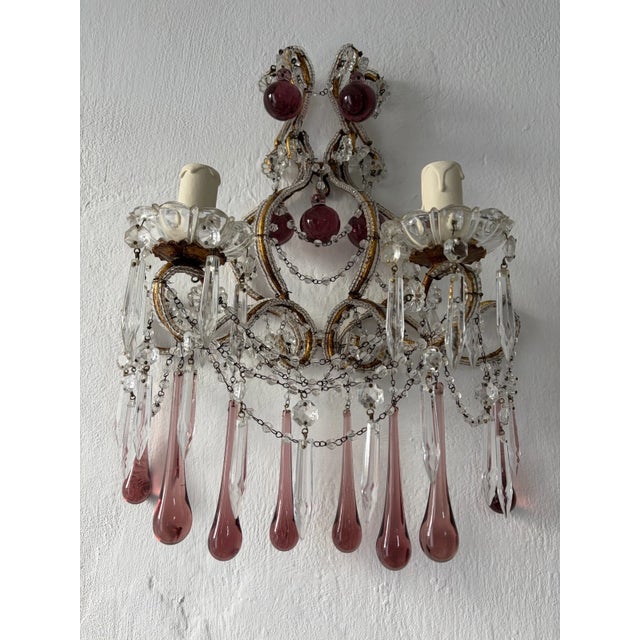Italian Amethyst Murano Drops & Balls Beaded Sconces Hand Tied Swag Crystals For Sale - Image 6 of 12