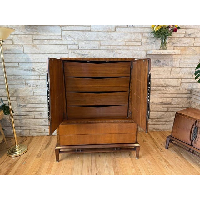 Baker Furniture Company Attributed/Styled After: Helen Hobey Baker Mid-Century Modern Set of 2: Highboy Dresser & Nightstand - One Owner For Sale - Image 4 of 14