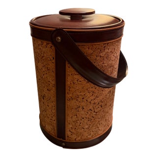 1970s Mid Century Modern Cork and Brown Leather Ice Bucket by Georges Briard For Sale