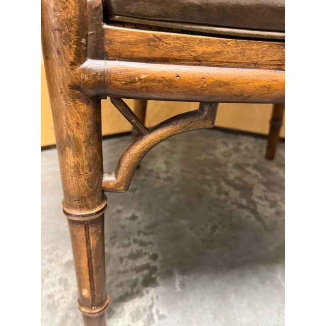 Wood Mid-Century Faux Bamboo and Cane Barrel Back Chair With Leather Cushion For Sale - Image 7 of 11