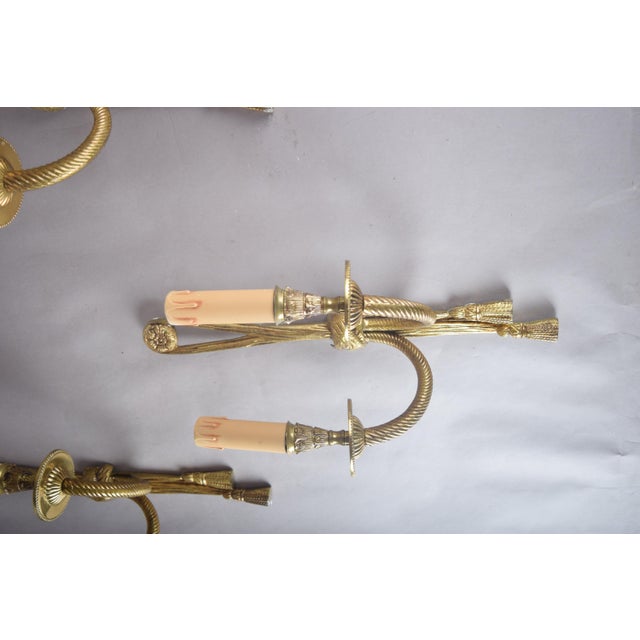 Cream Brass Double-Arm Wall Sconces with Rope and Tassel Motif, 1950s, Set of 3 For Sale - Image 8 of 10