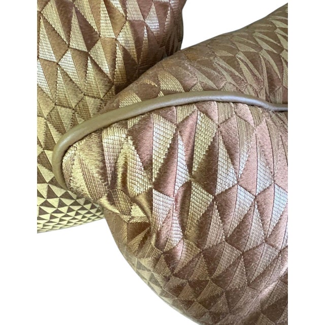 Mid-Century Modern Jim Thompson Orange Geometric Pillows With Leather Piping - a Pair For Sale - Image 3 of 4