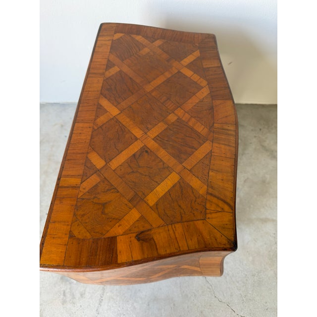 Vintage Italian Burl Olive Wood Parquetry Two-Drawer Miniature Chest With Shell-Form Handles For Sale - Image 10 of 12