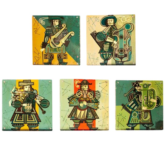 1960s Vintage French Musicians Panels- Set of 5 For Sale