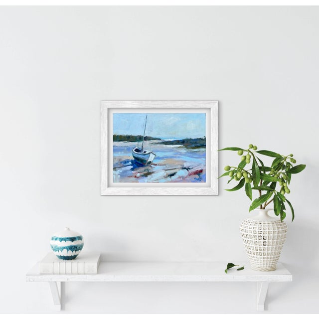 Blue "Low Tide Rest" Boat Impressionist Coastal Sailboat Oil Painting by L. Haas For Sale - Image 8 of 8