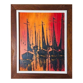 1970s Vintage W. Kwan Mid Century Modern Fiery Orange Abstract Sunset Sailboats Nautical Oil Painting Framed For Sale