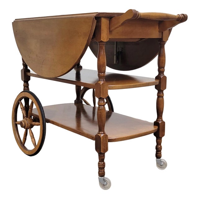 Vintage Solid Maple Drop Leaf Bar Cart Tea Cart For Sale