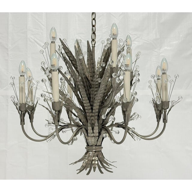 Remains Lighting "Plume" Antique Nickel & Glass 12-Arm Chandelier, Labeled For Sale In Los Angeles - Image 6 of 18
