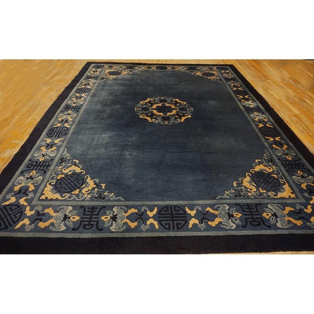 1900s Blue Traditional Shou Symbols Medallion Antique Peking Chinese Knotted Rug For Sale - Image 4 of 10