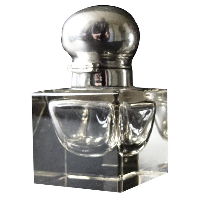 Antique Inkhorn in Crystal and Round Silver Plated Lid, 1900s For Sale