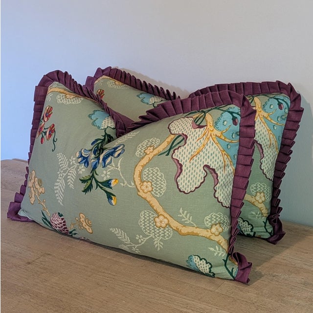 Textile Brunschwig & Fils Fabriano Jade Lumbar Pillows With Purple Pleated Ruffle- Pair For Sale - Image 7 of 9